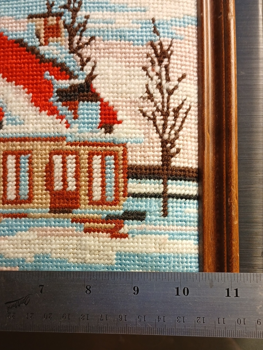 Old Framed Needlepoint of a Cottage In Winter - Picture 2 of 7